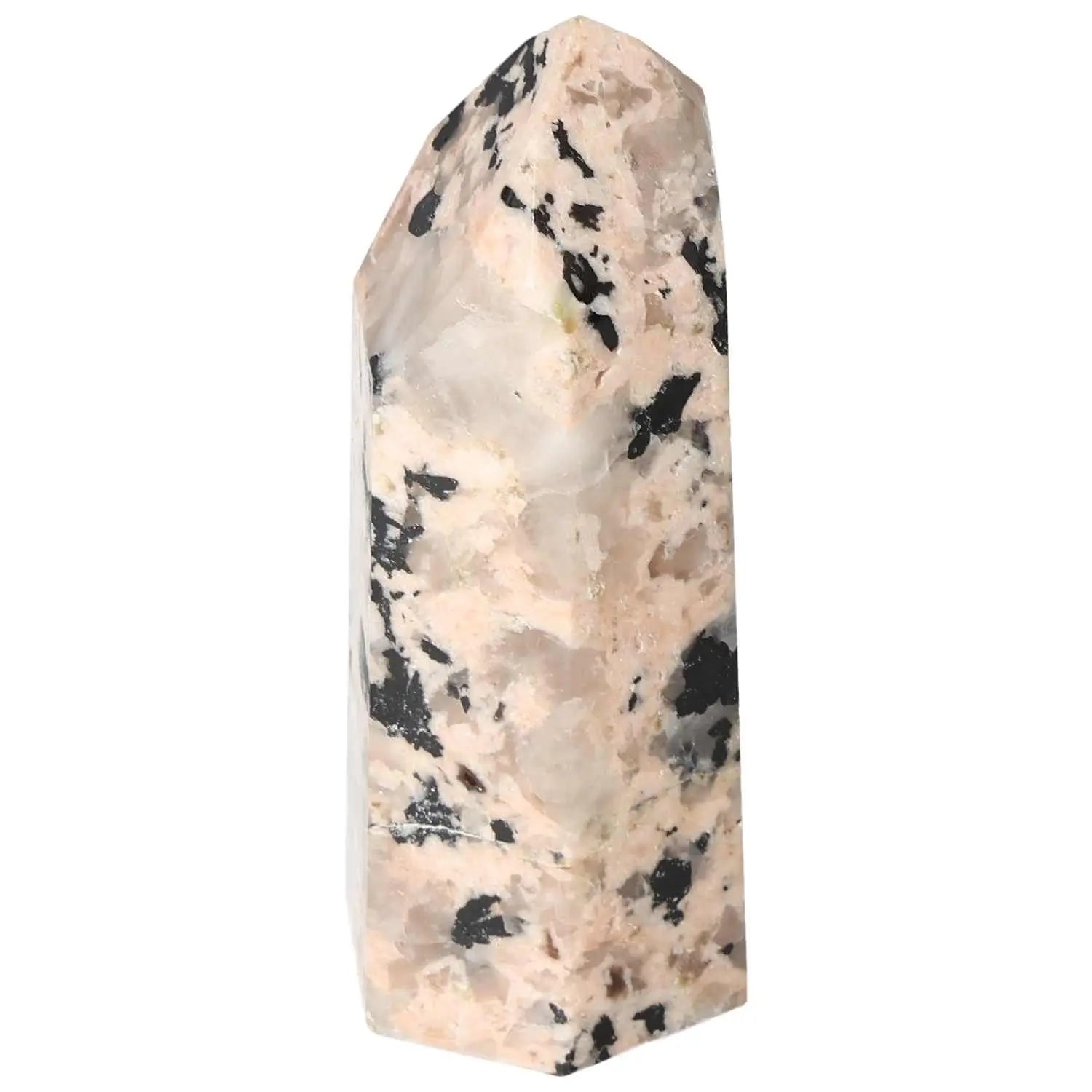 Polished Feldspar Quartz Tourmaline Obelisk, a Sylvia Crystals piece, showcasing elegant craftsmanship and natural beauty.