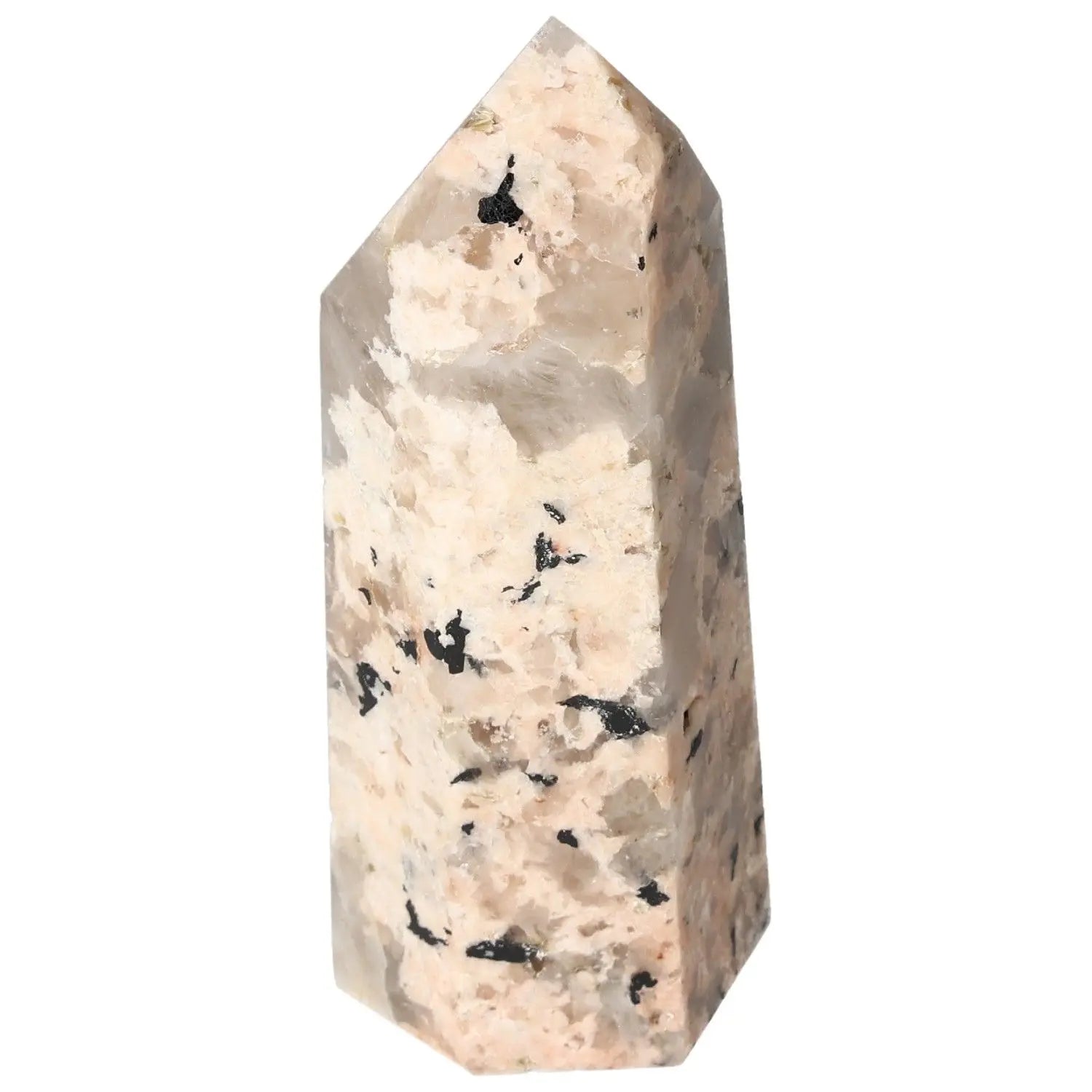 Polished Feldspar Quartz Tourmaline Obelisk, luxurious crystal for creativity and balance by Sylvia Crystals.