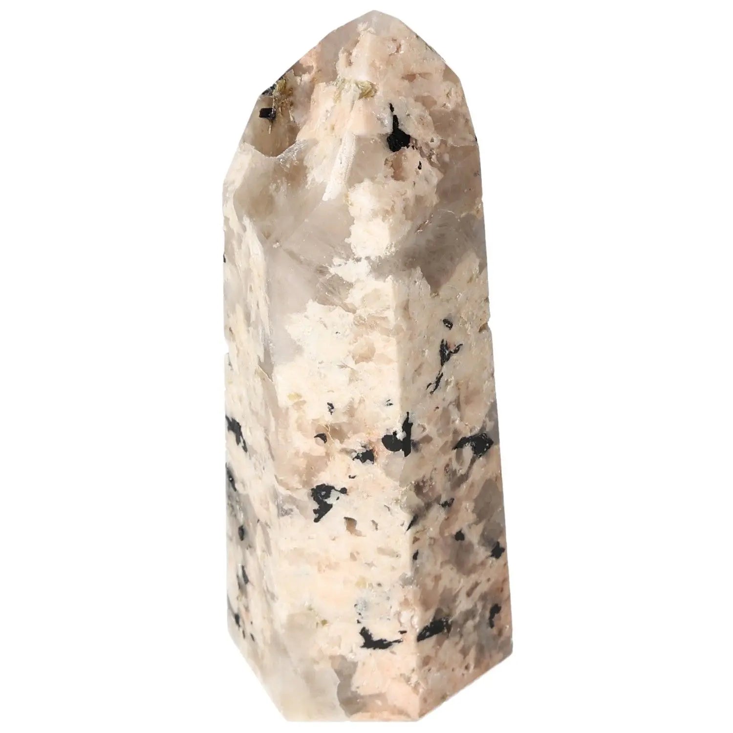 Polished Feldspar Quartz Tourmaline Obelisk from Sylvia Crystals showcasing beautiful spectrum of colors for balance and creativity.
