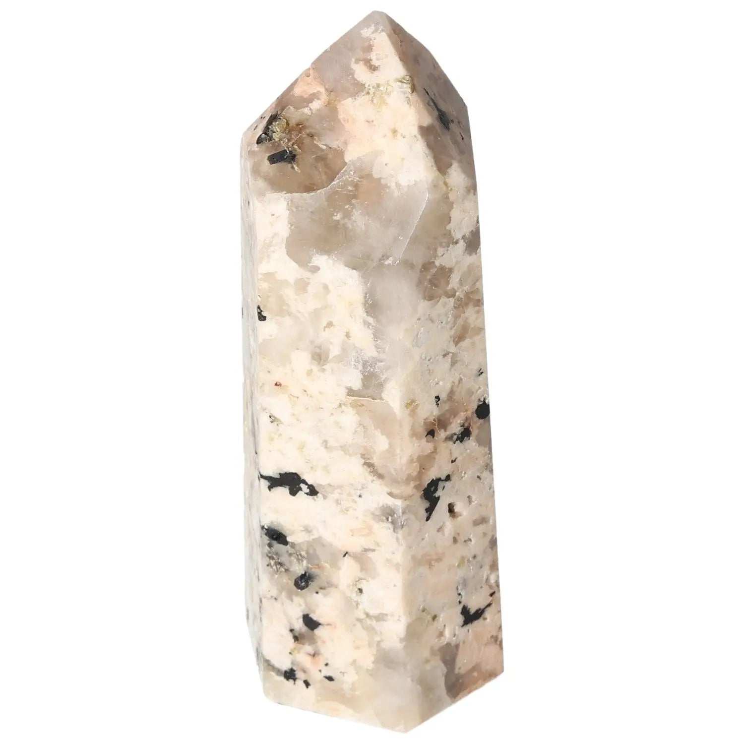 Polished Feldspar Quartz Tourmaline Obelisk emphasizing luxury and spiritual tranquility from Sylvia Crystals, enhancing creativity and balance.