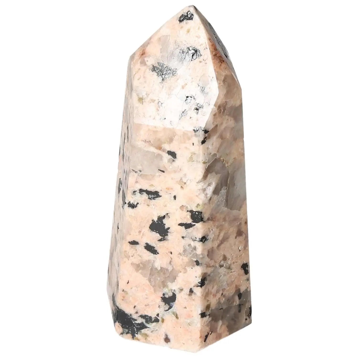Polished Feldspar Quartz Tourmaline Obelisk by Sylvia Crystals symbolizing luxury and balance in a stunning natural design.