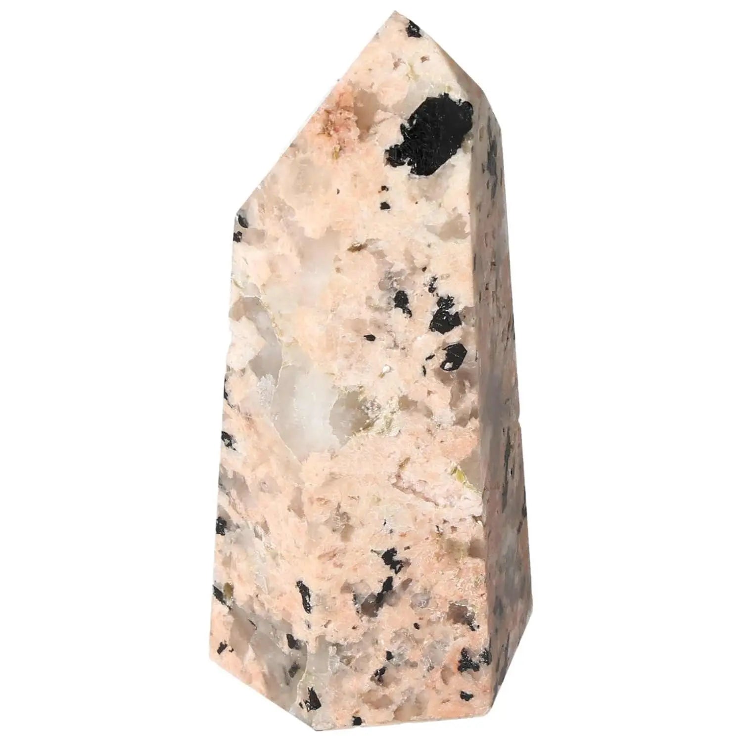 Polished Feldspar Quartz Tourmaline Obelisk by Sylvia Crystals, showcasing artistic mastery in crystal craftsmanship.