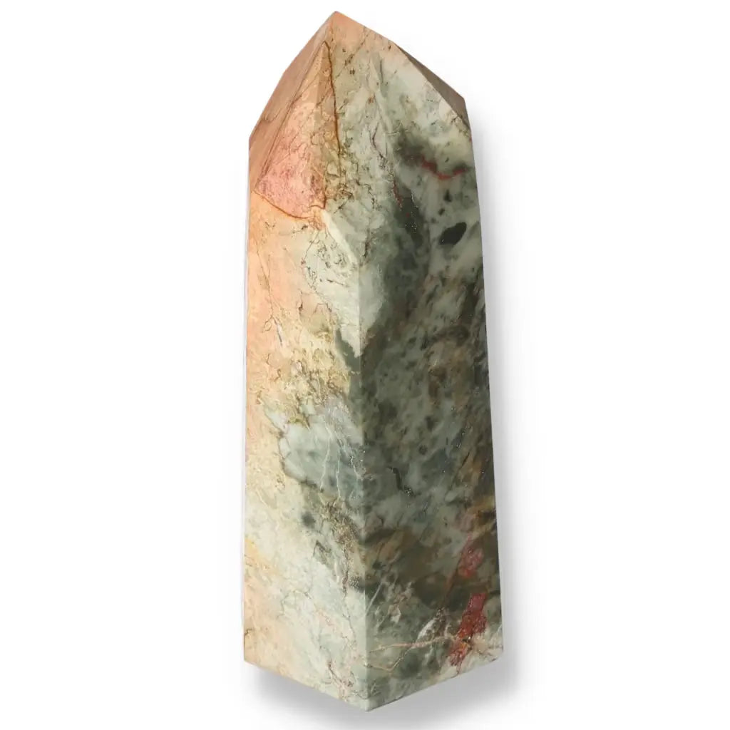 Exquisite Polished Jasper Obelisk by Sylvia Crystals, embodying luxury and tranquility with its smooth surface and elegant design.