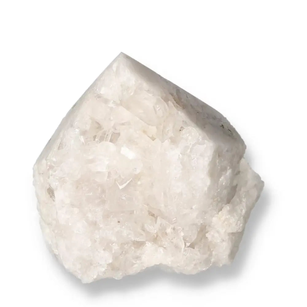 Polished Milky Quartz Point by Sylvia Crystals, promoting spiritual balance and tranquility with its elegant design.