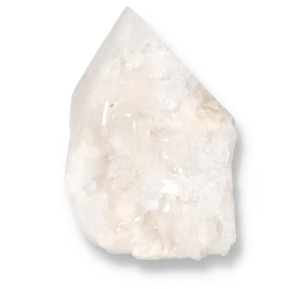 Polished Milky Quartz Point crystal with natural beauty and harmonizing energy from Sylvia Crystals, ideal for spiritual collections.