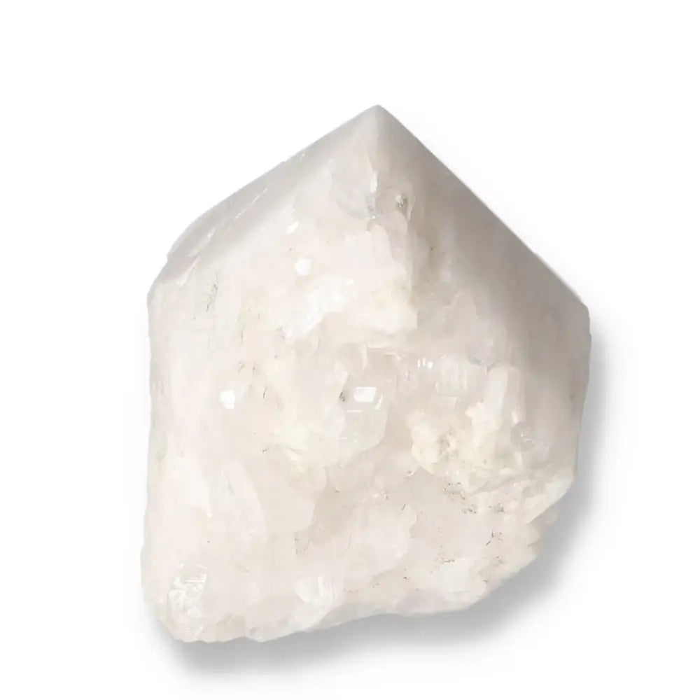 Polished milky quartz point crystal, handcrafted by Sylvia Crystals, showcasing exceptional quality and clarity, enhances spiritual well-being.