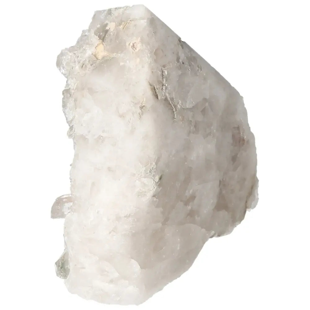 Close-up of a polished milky quartz crystal point showcasing its natural beauty and clarity, enhancing spiritual growth and purification.