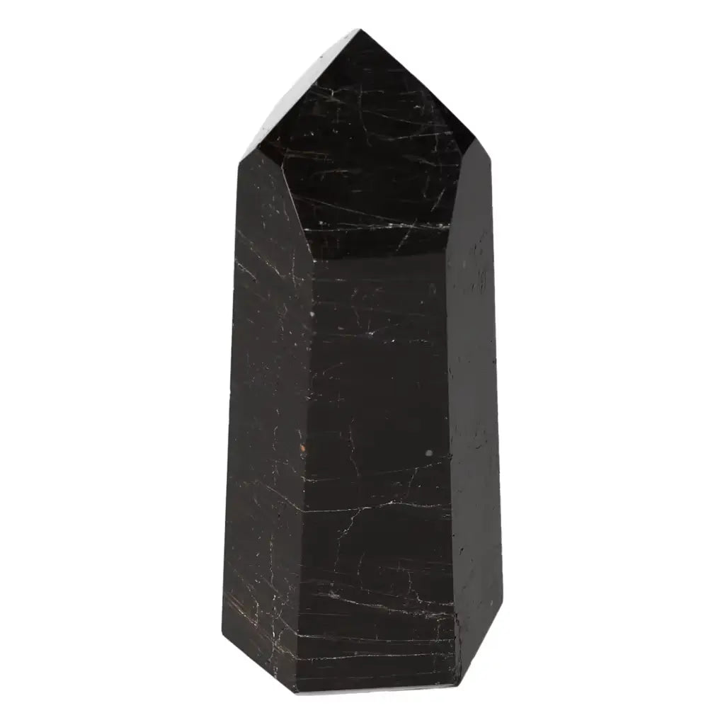Polished Obsidian Obelisk from Sylvia Crystals, a luxurious decorative piece with spiritual protective properties against negative energies.