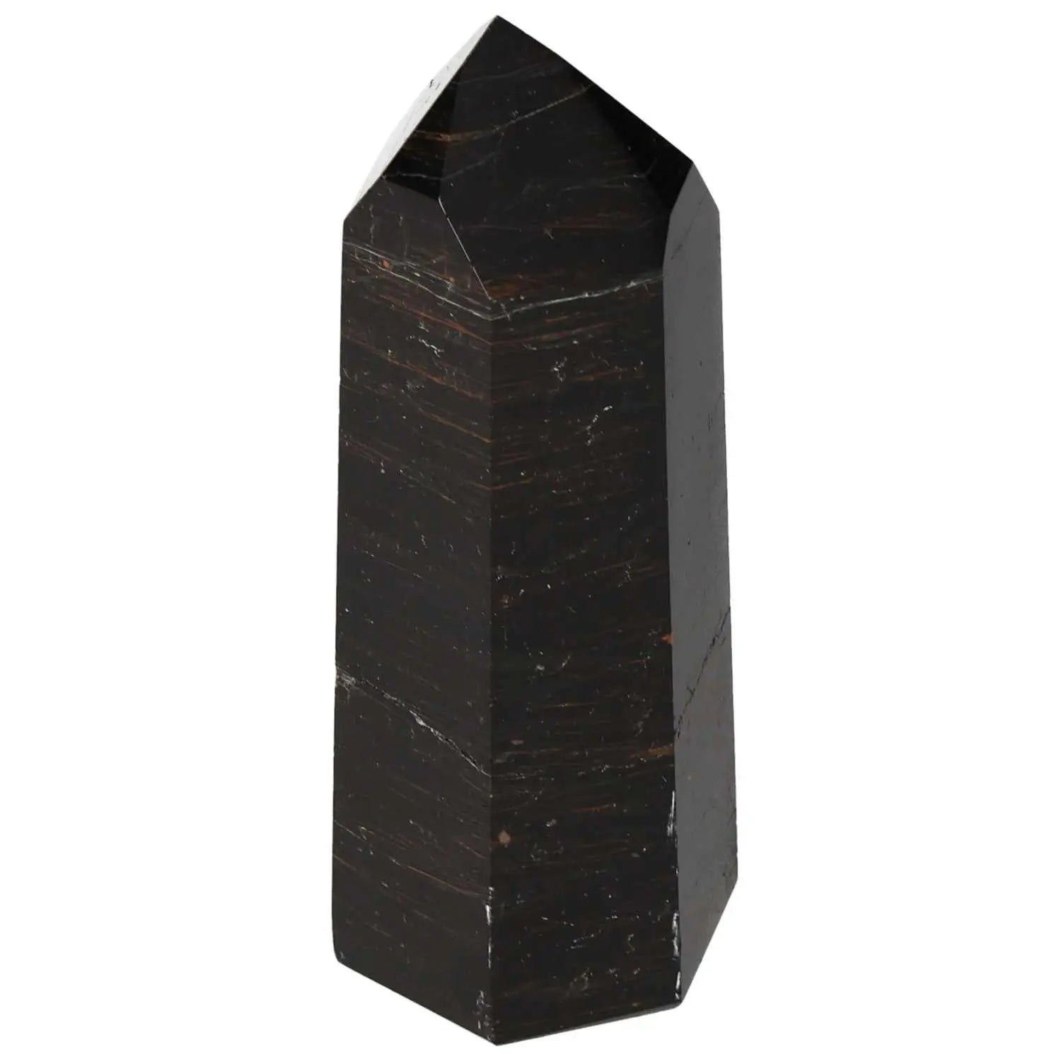 Polished black obsidian obelisk by Sylvia Crystals, known for absorbing negative energy and enhancing spiritual harmony.
