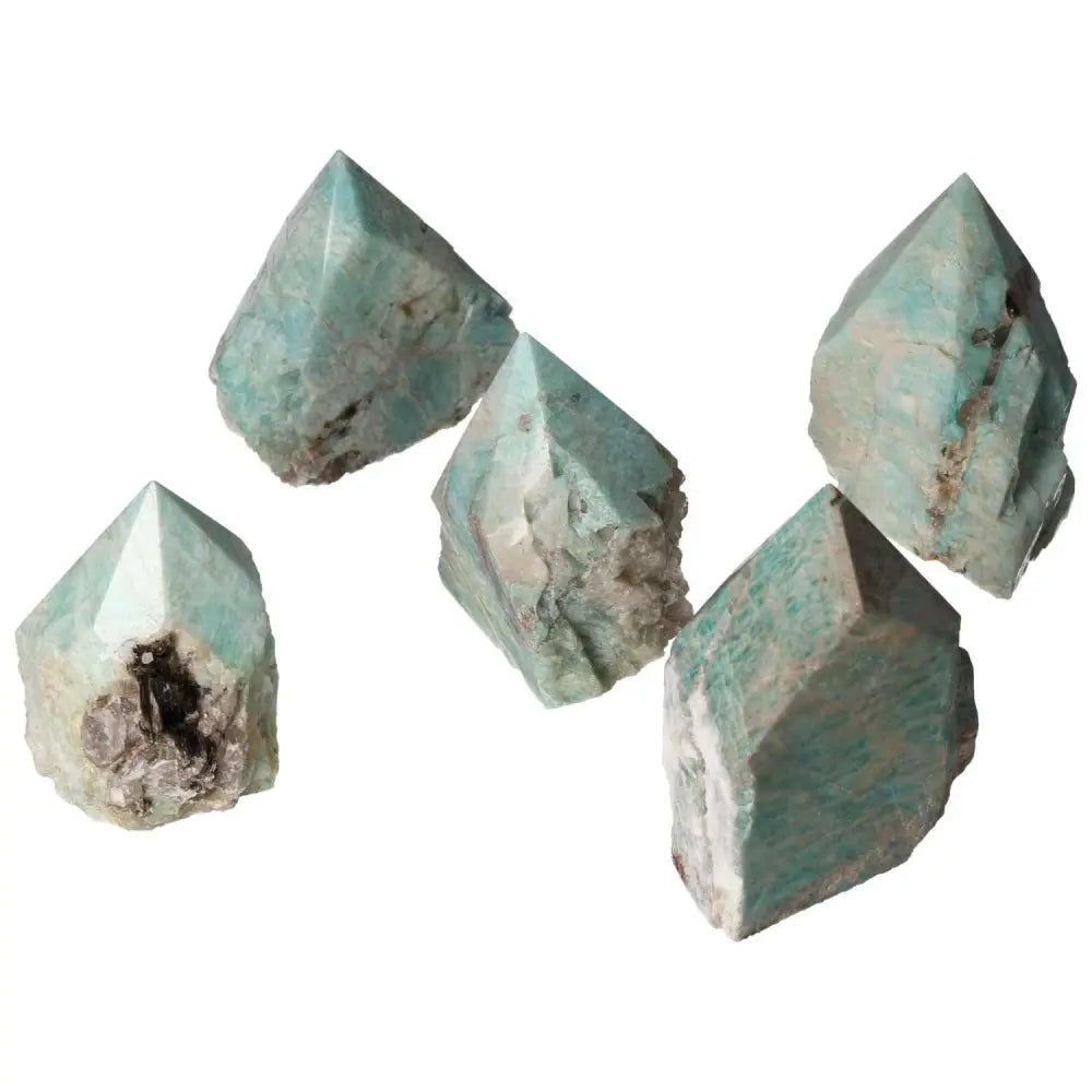 Polished Amazonite Points displaying vibrant green-blue hues, promoting harmony and balance, from Sylvia Crystals collection.