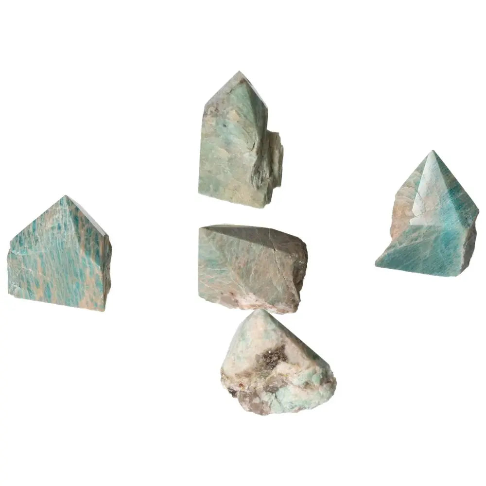 Collection of polished Amazonite crystals in various shapes showcasing serene elegance and calming properties.