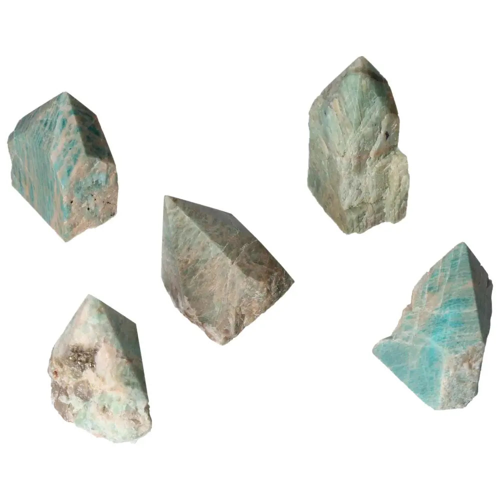 Polished Point Amazonite crystals in a variety of angles showcasing their serene blue-green hues and natural formations, embodying tranquility.