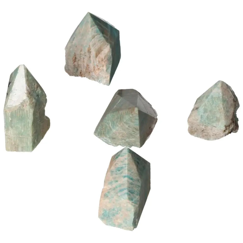Collection of polished point Amazonite crystals showcasing serene elegance and calming properties.