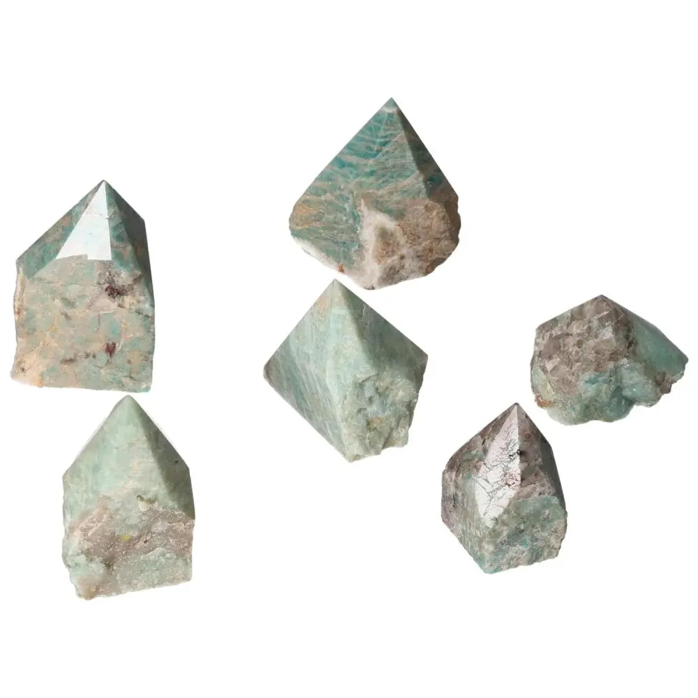 Polished Point Amazonite S crystals showcasing luxury handpicked by Sylvia Crystals, known for calming energy and spiritual harmony.