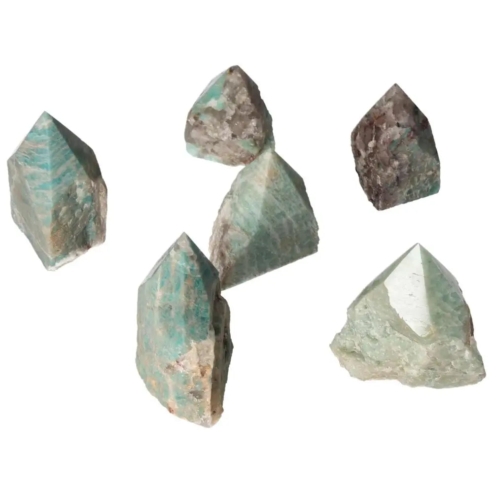 Polished Point Amazonite S crystals from Sylvia Crystals, showcasing their calming green hues, perfect for spiritual healing and tranquility.