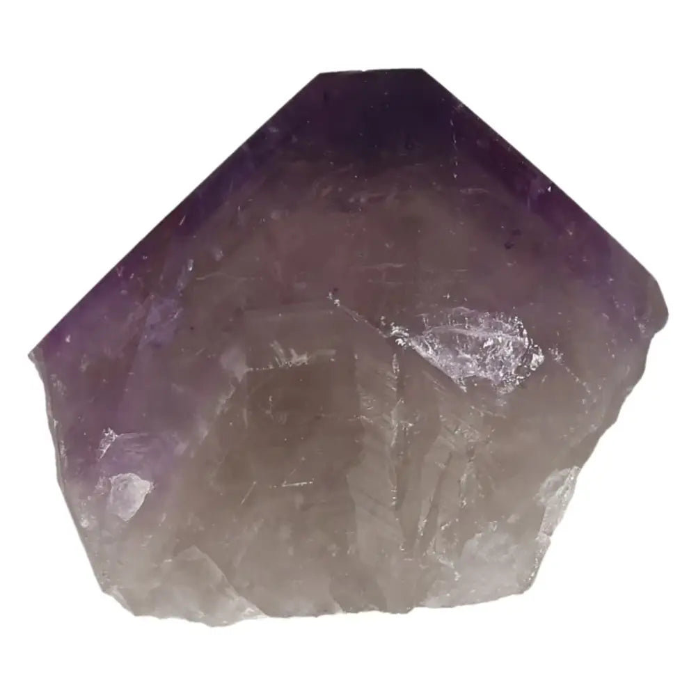 Polished Point Amethyst crystal displaying a gradient of deep purple to light lavender, showcasing its natural beauty and energy-enhancing properties.