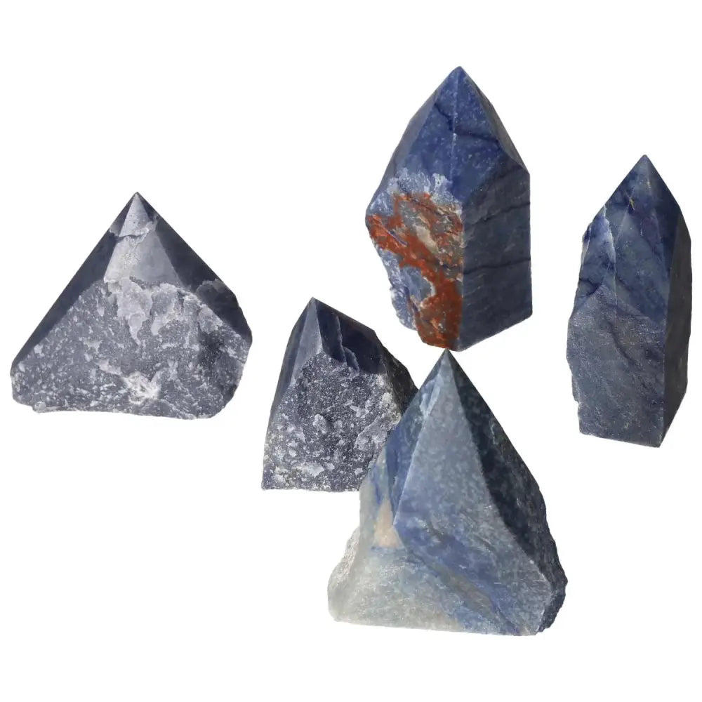 Collection of polished point blue quartz stones with unique textures and patterns, symbolizing tranquility and spiritual wellness.