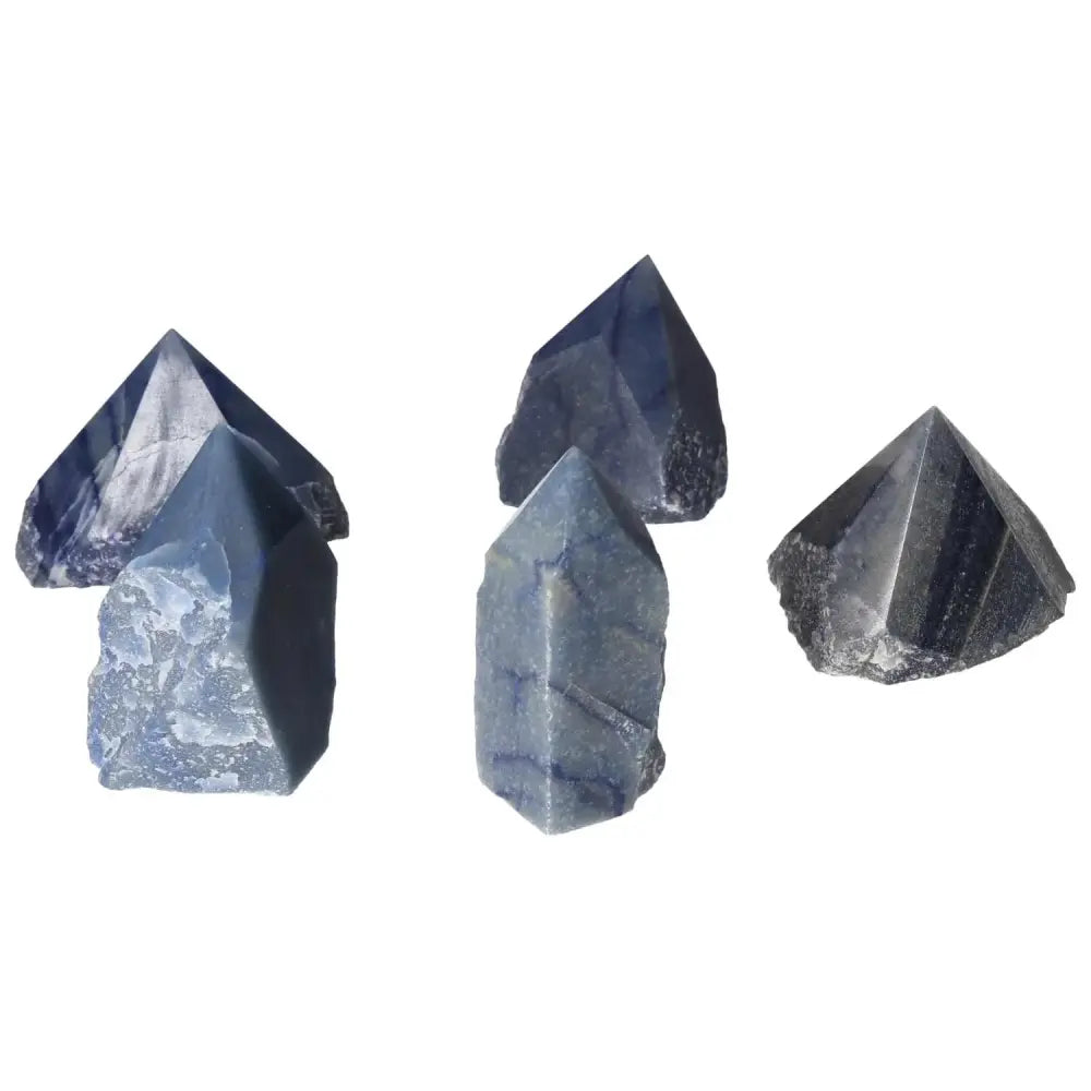 Polished Point Blue Quartz M crystals showcasing unique shapes and deep blue hues, promoting peace and communication clarity.