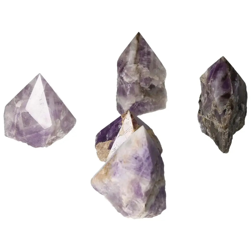 Polished Point Chevron Amethyst M gemstones with unique patterns, offering balance and tranquility, from Sylvia Crystals.