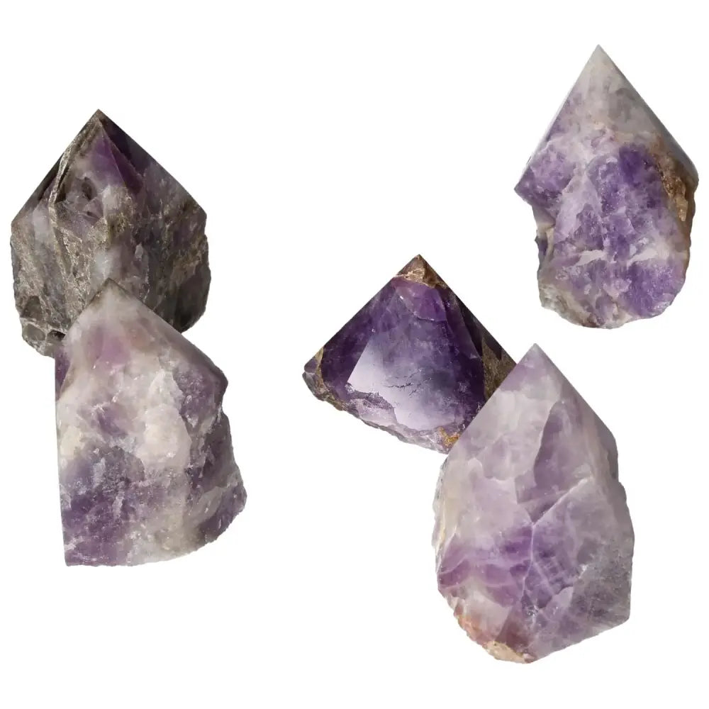 Polished Point Chevron Amethyst M showcasing natural chevron patterns, balancing energy, from Sylvia Crystals.