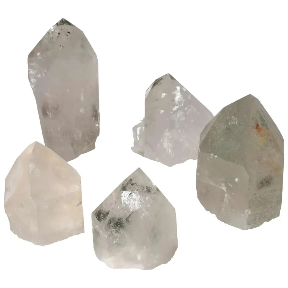 Polished Point Clear Quartz Crystals with Chlorite from Sylvia Crystals, showcasing natural beauty and purification qualities.