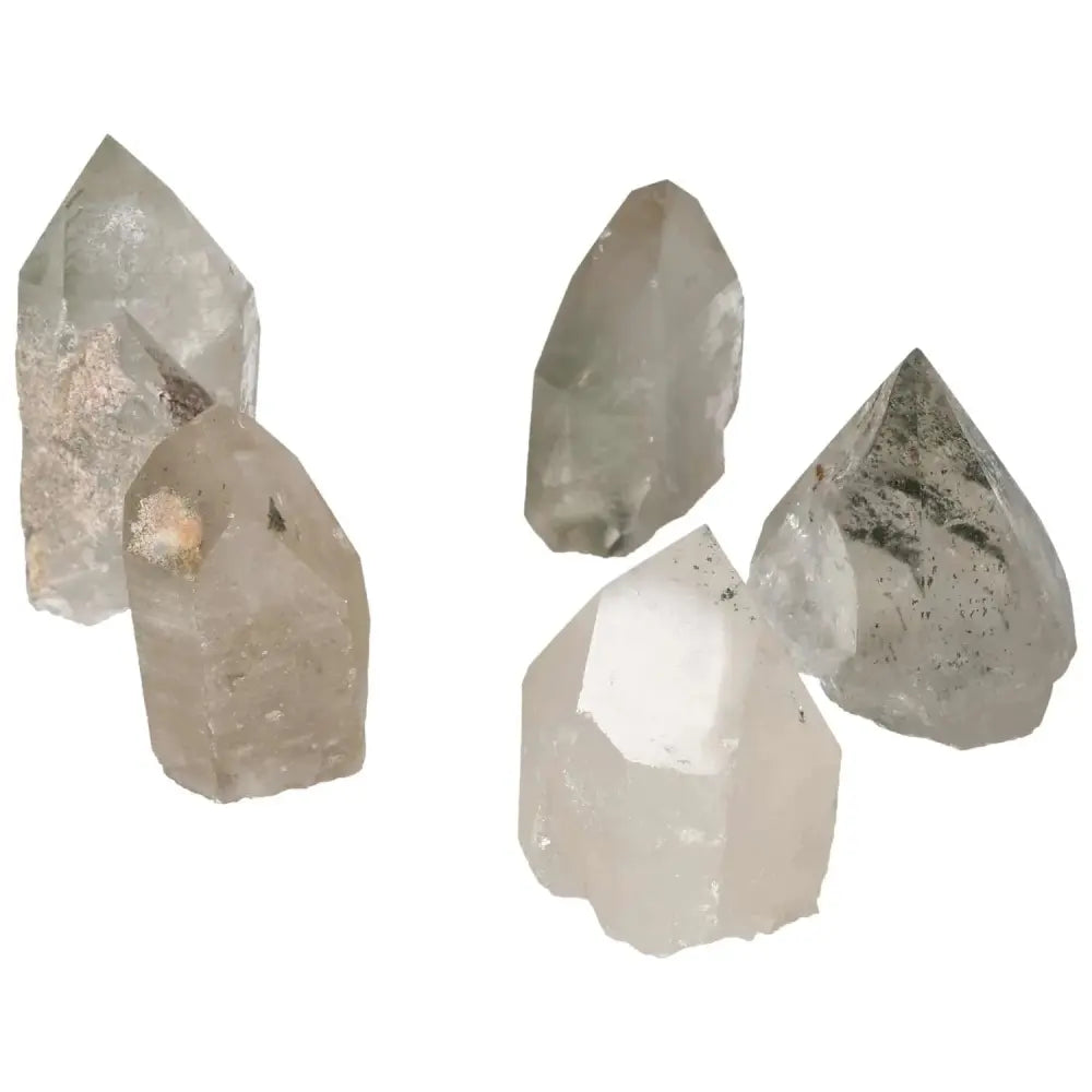 Polished Point Clear Quartz with Chlorite crystals by Sylvia Crystals, ideal for spiritual luxury and purification.