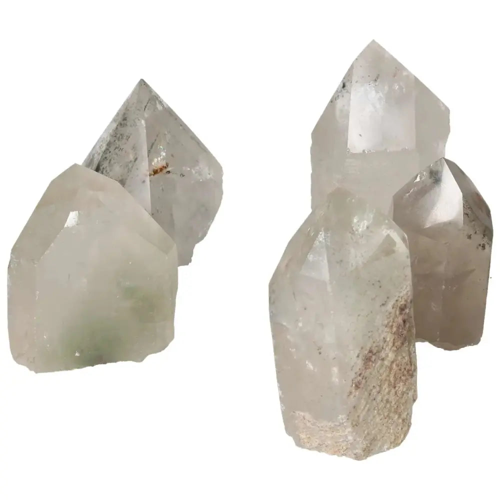 Polished Point Clear Quartz with Chlorite crystals, embodying spiritual luxury and purification, from Sylvia Crystals.