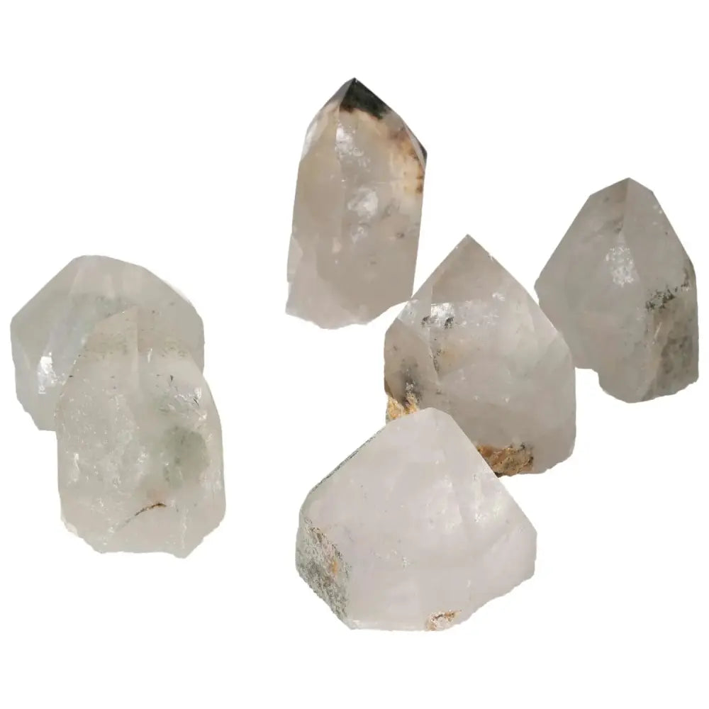 Polished Point Clear Quartz with Chlorite crystals from Sylvia Crystals, enhancing energy and harmonizing body and mind.