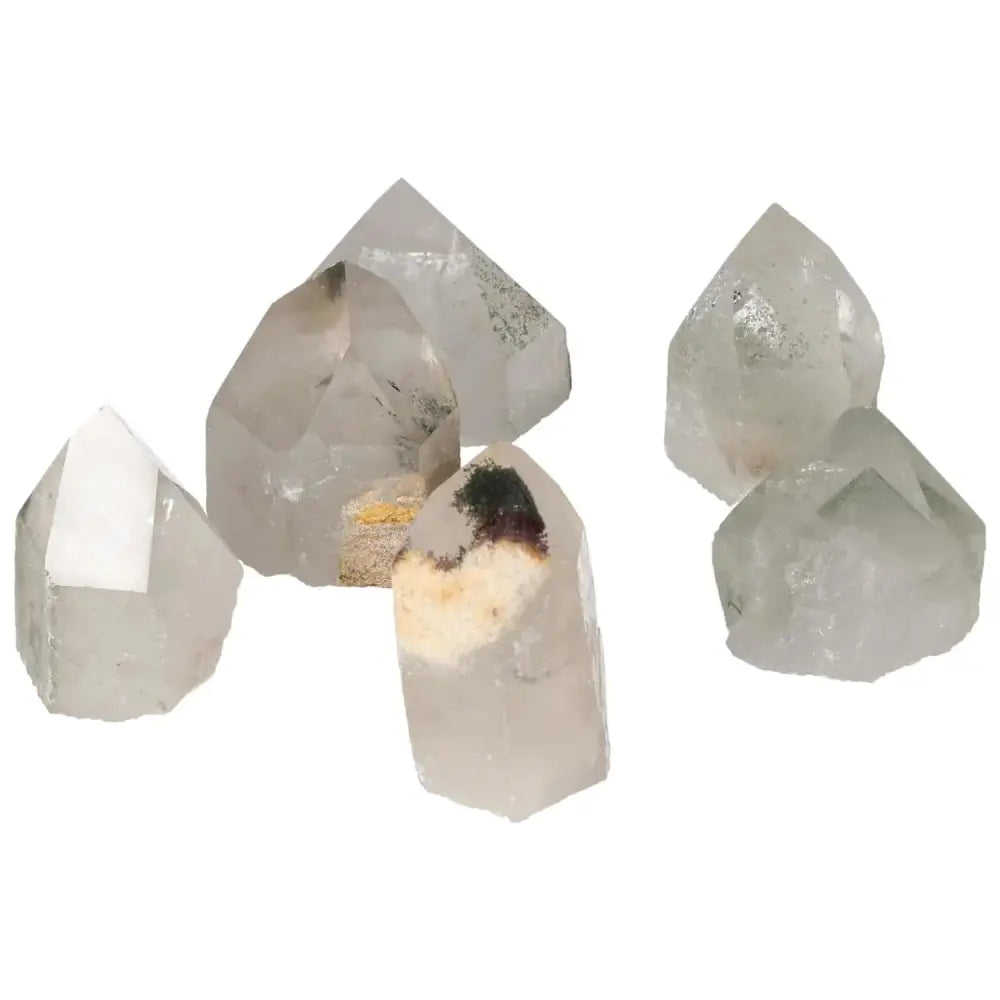 Cluster of Polished Point Clear Quartz With Chlorite Crystals, offering purification and energy enhancement from Sylvia Crystals.