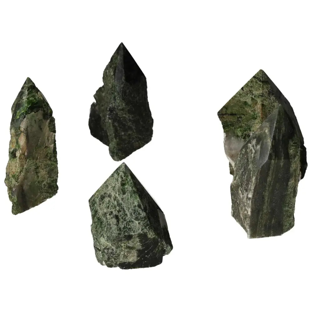Polished Point Diopside L gemstones with rich green hues from Sylvia Crystals, showcasing vibrant energy and healing properties.