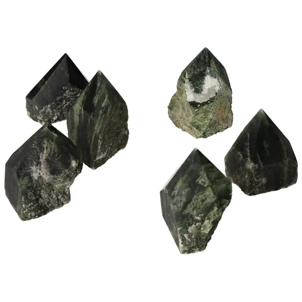 Set of Polished Point Diopside S gemstones with vibrant green hue, enhancing creativity and balance, ideal for artists and personal growth.