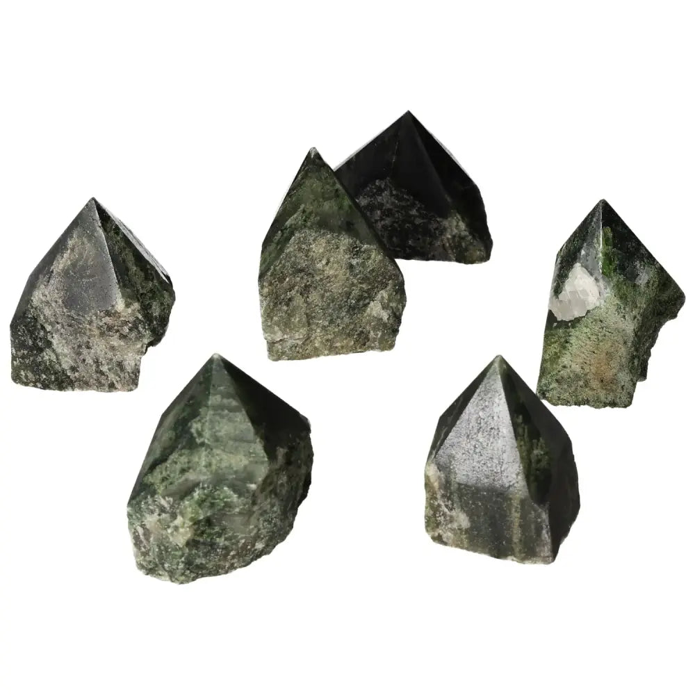 Polished Point Diopside S gemstones with vibrant green hue, ideal for enhancing creativity and emotional balance, from Sylvia Crystals