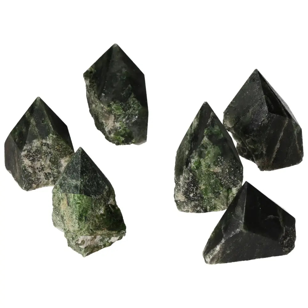 Polished Point Diopside S gemstones with vibrant green hues offering luxury and spiritual connection, perfect for creativity and balance.