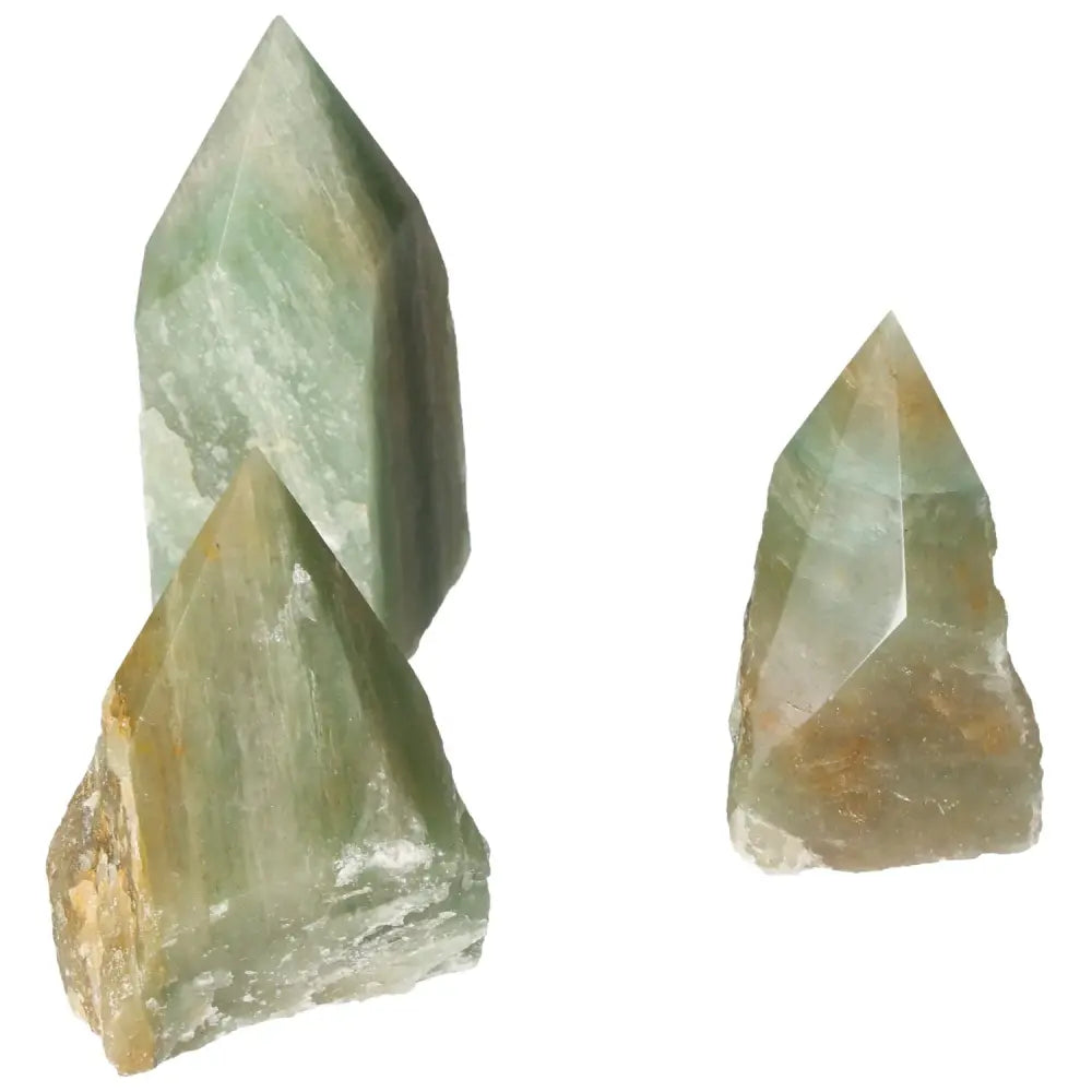 Polished Point Green Quartz with Hematite L from Sylvia Crystals, showcasing vibrant green hues and unique formations.