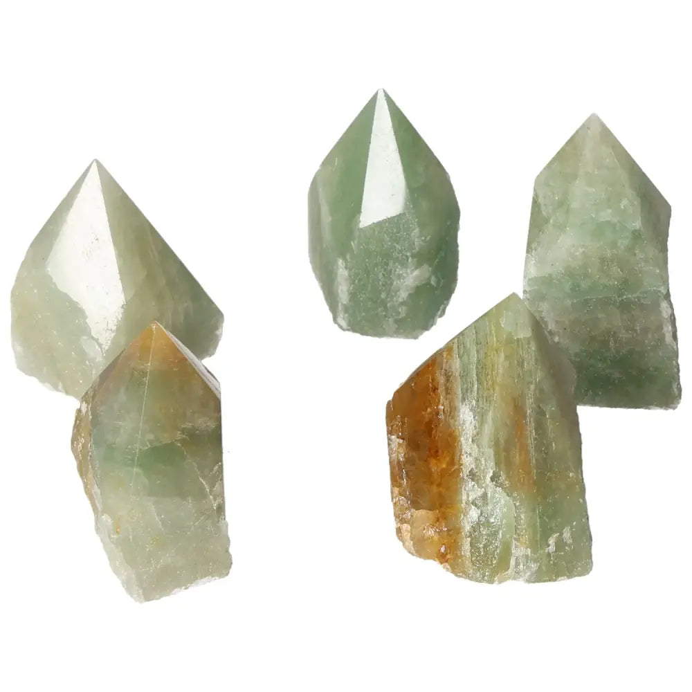 Polished Point Green Quartz with Hematite gemstones from Sylvia Crystals showcasing their smooth finish and luxurious quality.