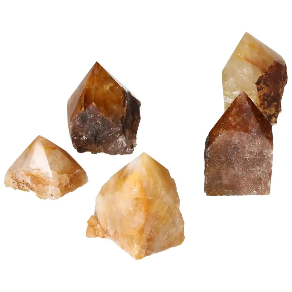 Five Polished Point Hematoide M crystals showcasing varied colors, ideal for spiritual practices and home decor.