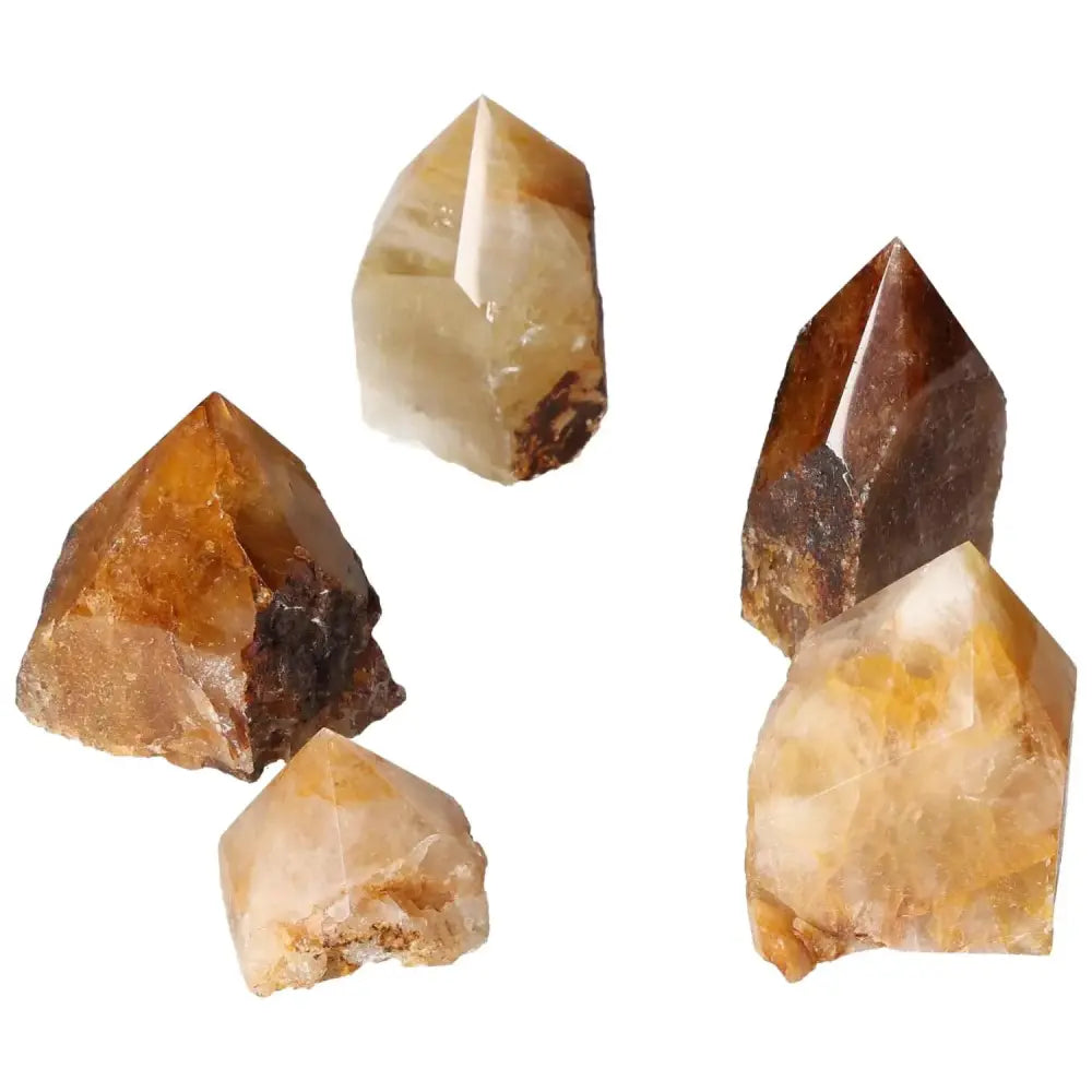 Set of five polished Hematoide crystal points showcasing unique energy and spiritual harmony by Sylvia Crystals.