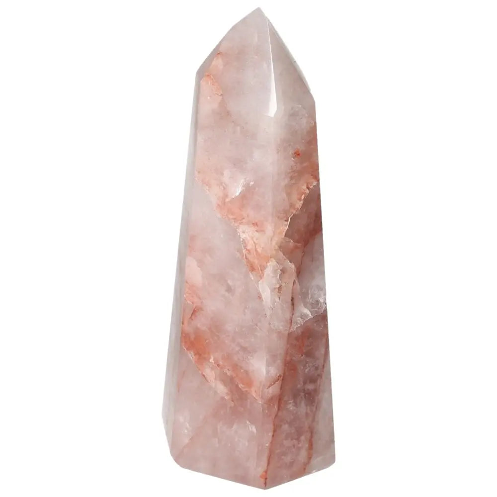 Polished Point Hematoide crystal with deep red hues and clear quartz, from Sylvia Crystals, symbolizes elegance and spirituality.