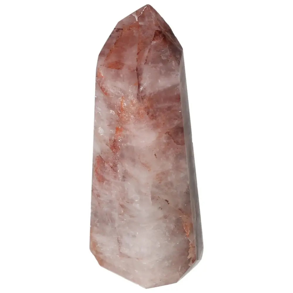 Polished Point Hematoide crystal with deep red and brown hues, symbolizing transformation. Premium quality from Sylvia Crystals.