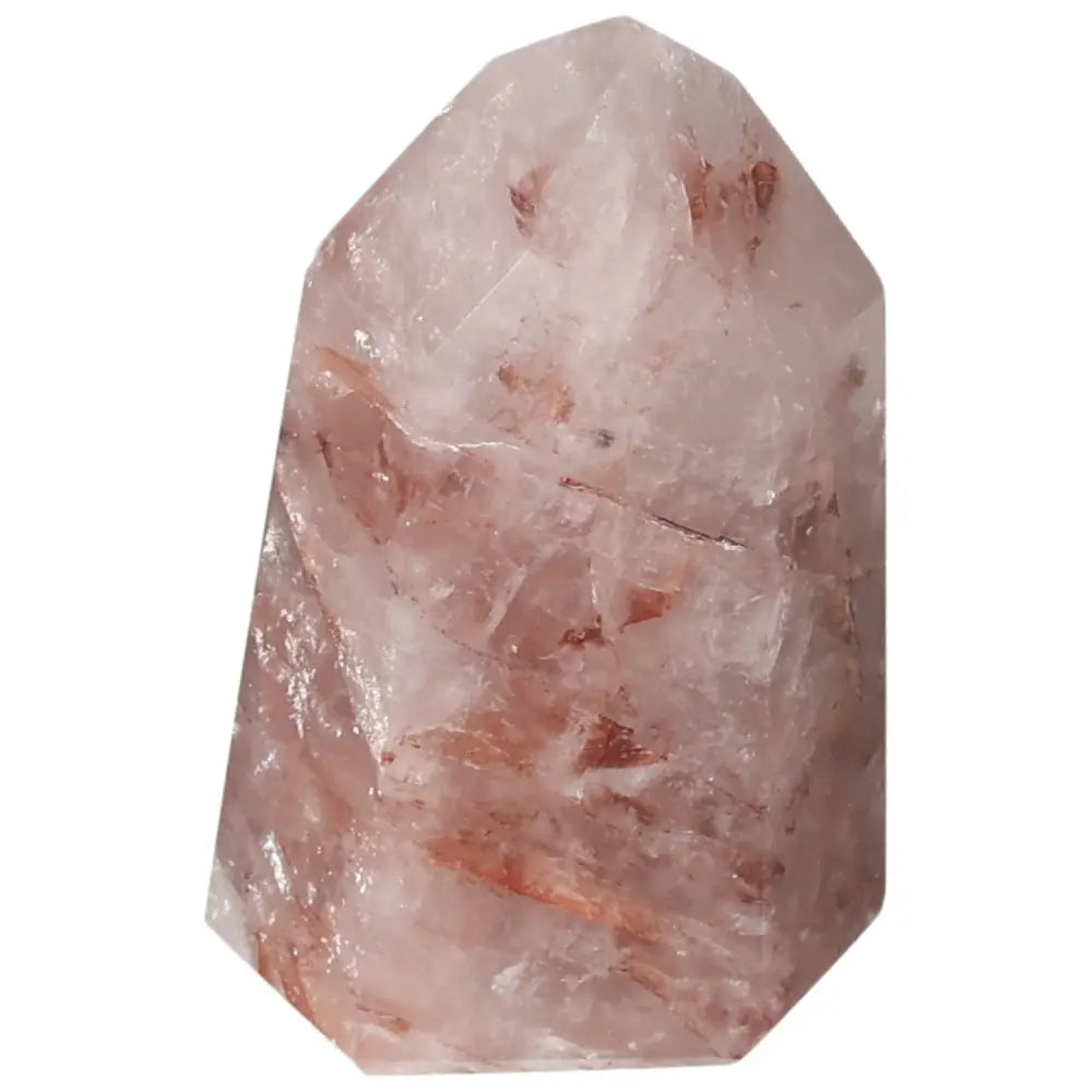 Polished Point Hematoide crystal by Sylvia Crystals, featuring vibrant hues and transformative properties, standing upright.