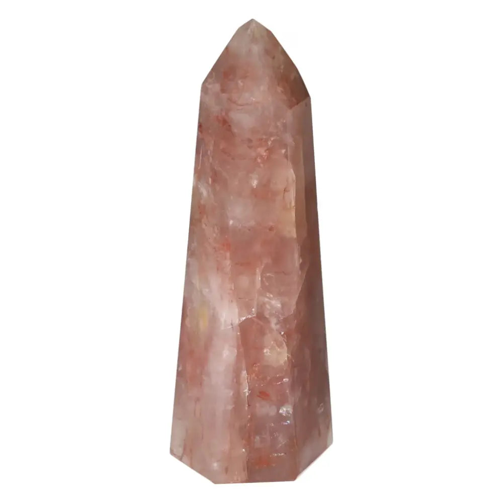 Polished Point Hematoide crystal with red hues and gold threads, offered by Sylvia Crystals, known for grounding energy and aesthetic appeal.