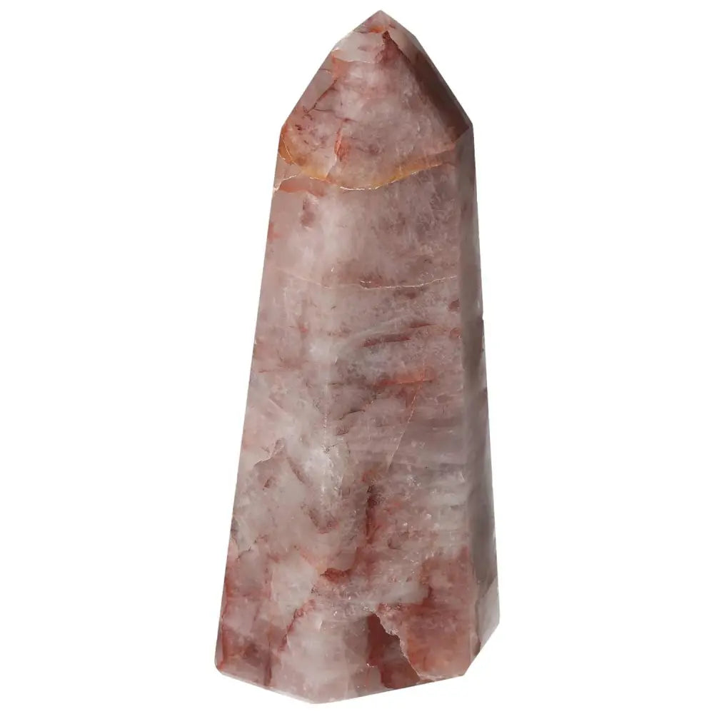 Polished Point Hematoide gemstone by Sylvia Crystals, luxury spiritual crystal, premium craftsmanship, pink and white hues, standing point.