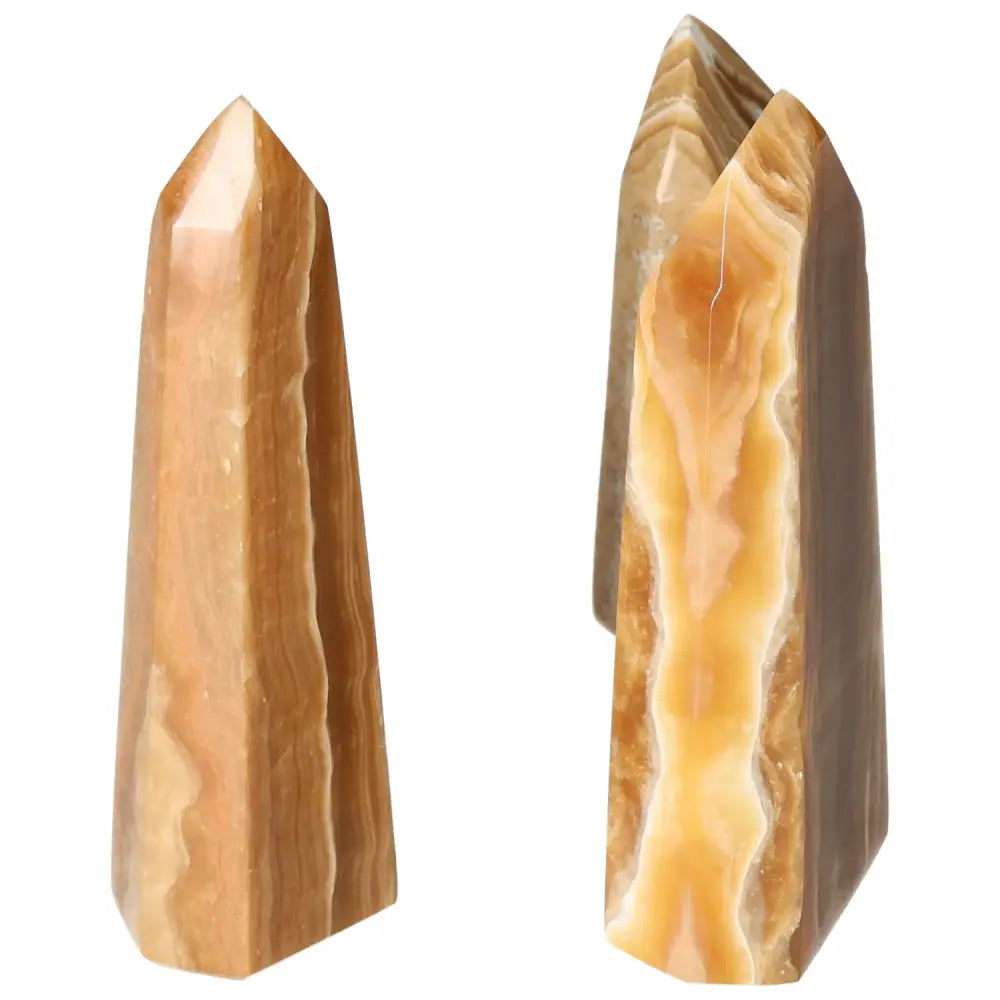 Polished Point Honey Calcite crystal by Sylvia Crystals, featuring a smooth surface and enchanting honey-like color for prosperity.