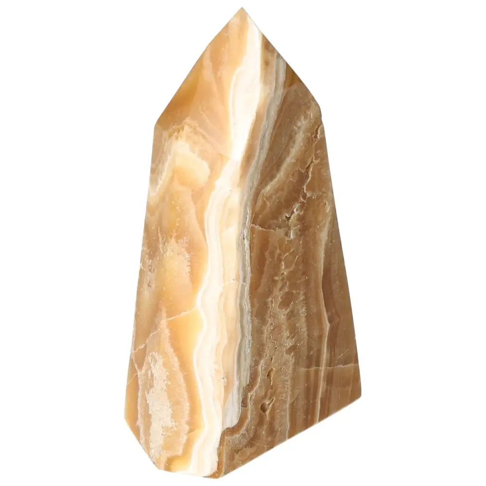 Polished Point Honey Calcite with vibrant golden hues, a Sylvia Crystals product known for prosperity and success attraction.