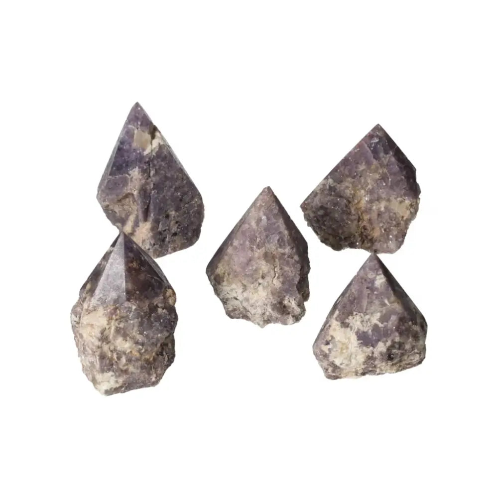 Polished Point Lepidolite crystals from Sylvia Crystals, known for soothing anxiety and enhancing emotional balance.