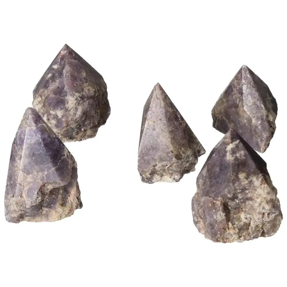 Five polished Lepidolite crystal points for emotional balance and serenity, part of the Sylvia Crystals collection.