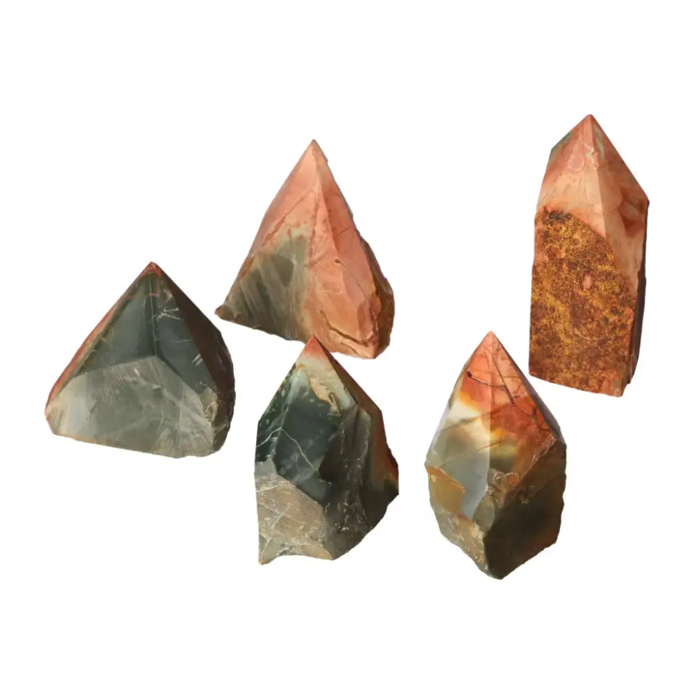 Polished Point Polychrome Jasper L crystals showcasing vibrant colors and unique banded appearance from Sylvia Crystals.