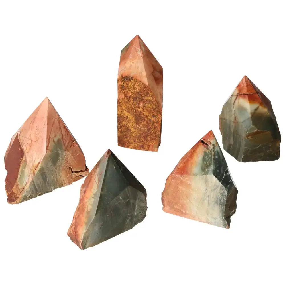 Vibrant polished point Polychrome Jasper crystals with multi-colored bands, from Sylvia Crystals, showcasing spiritual and dynamic energy.