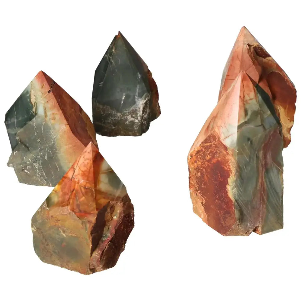 Polished Point Polychrome Jasper L crystals showcasing vibrant colors and unique banded patterns, known for spiritual and energizing properties.