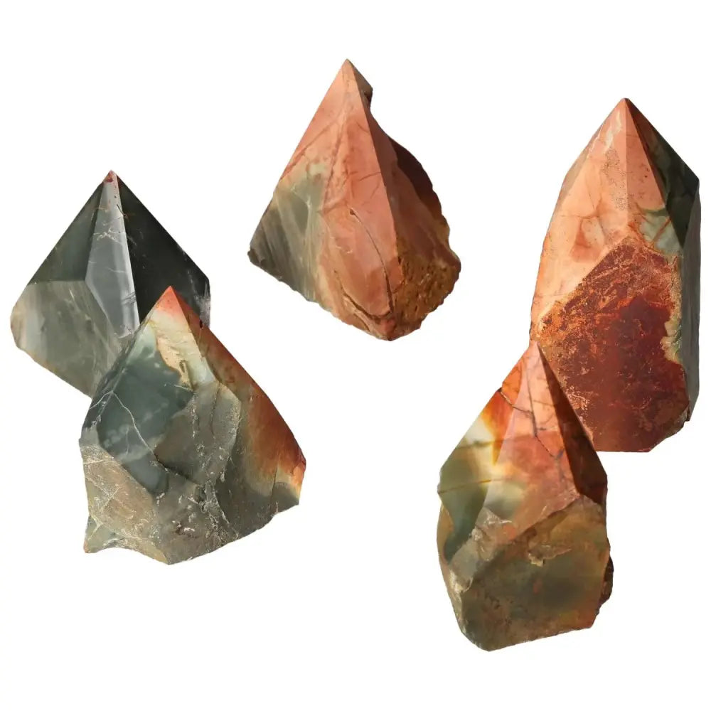 Vibrant Polished Point Polychrome Jasper L crystals showcasing dynamic red, orange, brown, green, and yellow hues for spiritual energy.